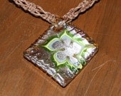 Wavy Square Flower Glass Pendant - Brown Hemp Necklace - Switchback Knot - Women Teen Kid Girl Child Men -  Green Yellow Blue Silver