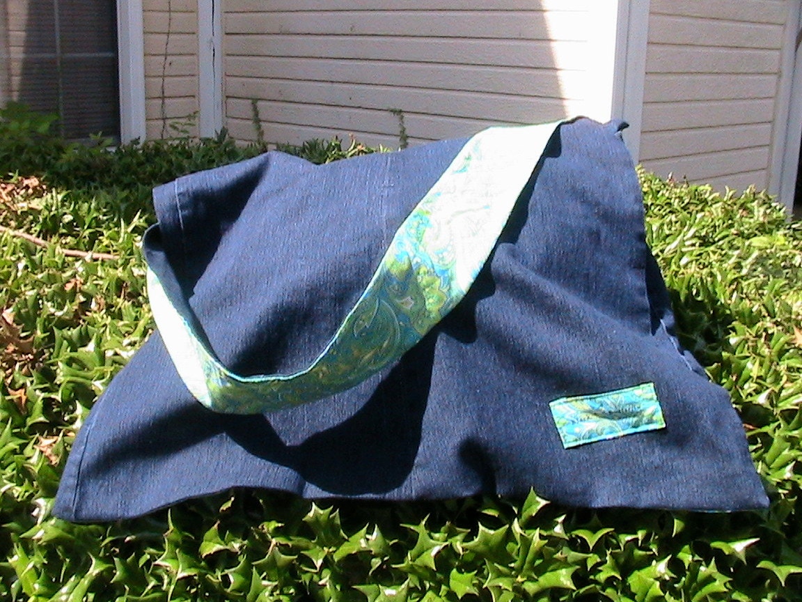 Melody of Teal Blue, Green & Yellow fabric Denim Handbag