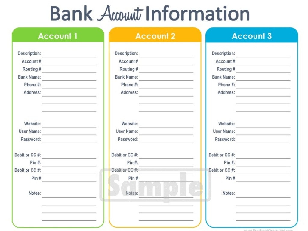 Bank Account Information Printable - EDITABLE - Personal Finance Organizing pdf - INSTANT DOWNLOAD
