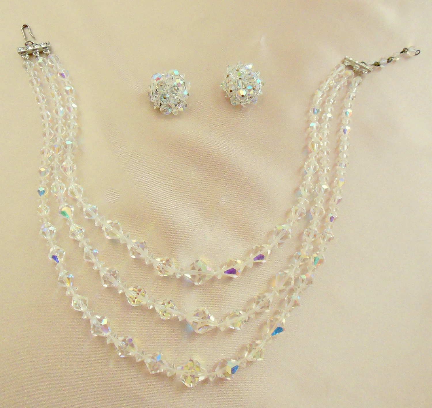 Vintage Crystal Necklace Triple Strand with Matching Earrings