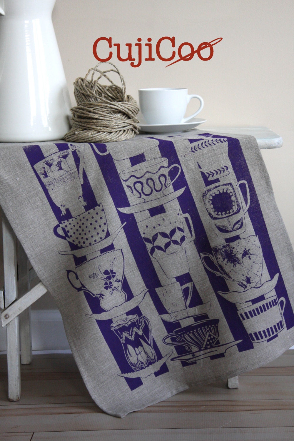 Linen Tea Towel screen printed with Teacups design on 100% natural linen