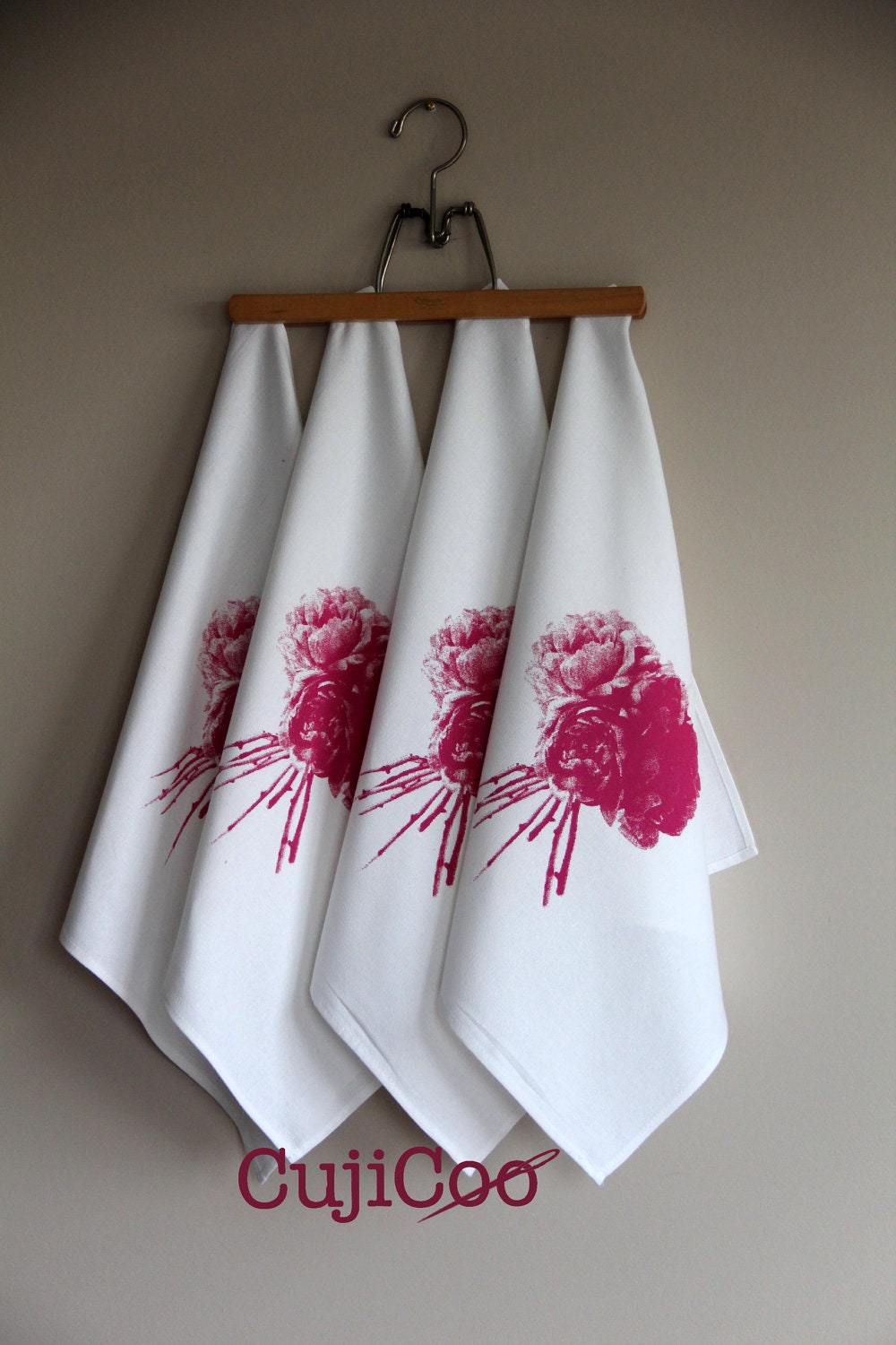 Cotton Napkins Screen printed with Peonies on white 100% cotton set of four
