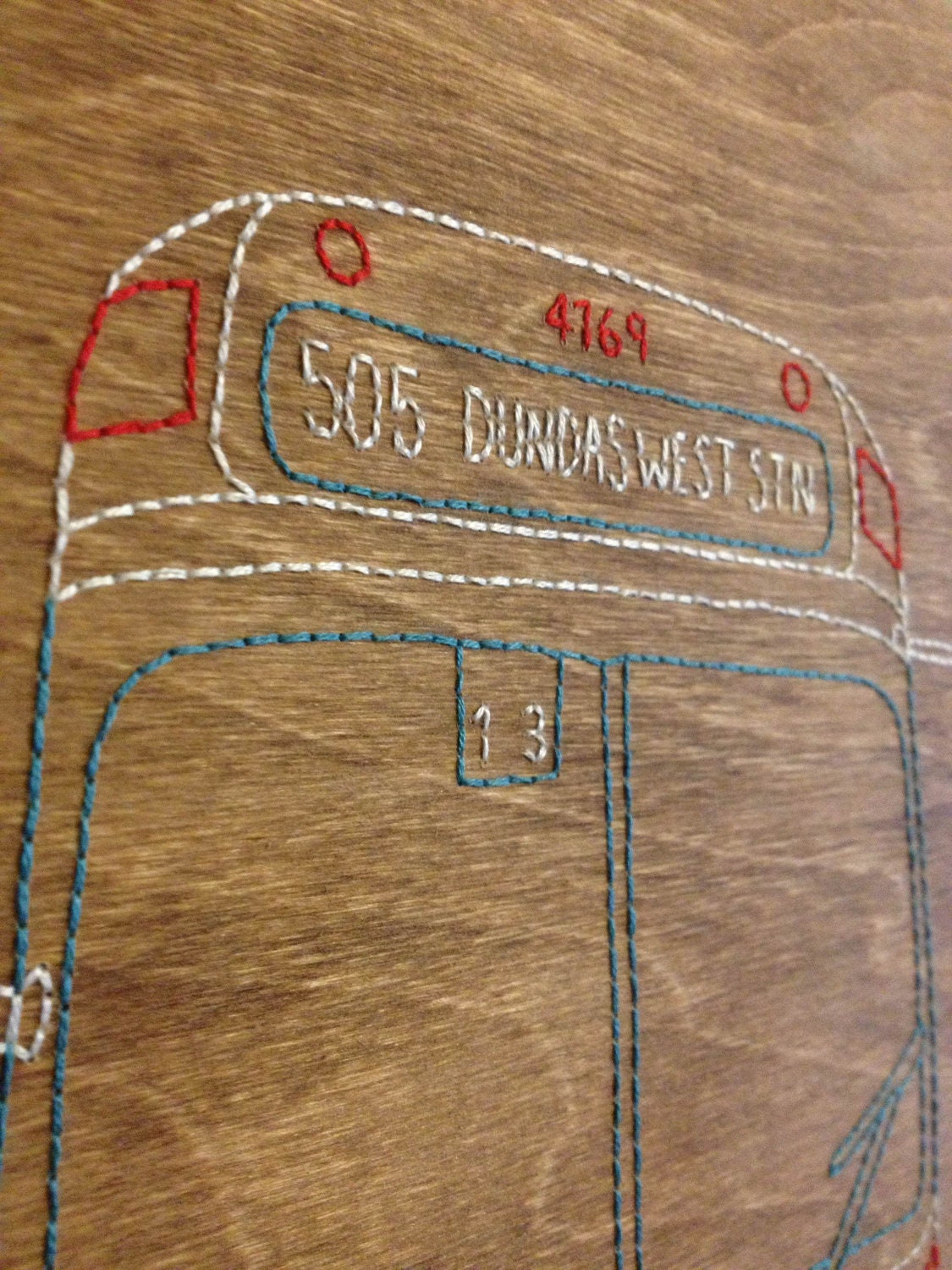Toronto Streetcar Wood Hand-Embroidery