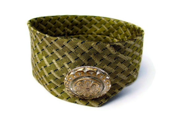 Repurposed Necktie Bracelet with Vintage Button, Olive Green, Gold