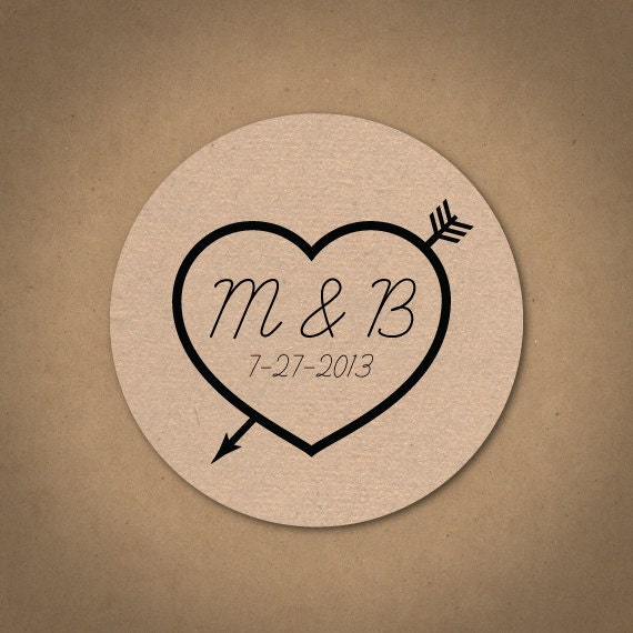 Wedding Monogram Custom ONE SHEET Kraft Brown Stickers / Labels -  Initials with Heart & Arrow, Multiple Sizes Available