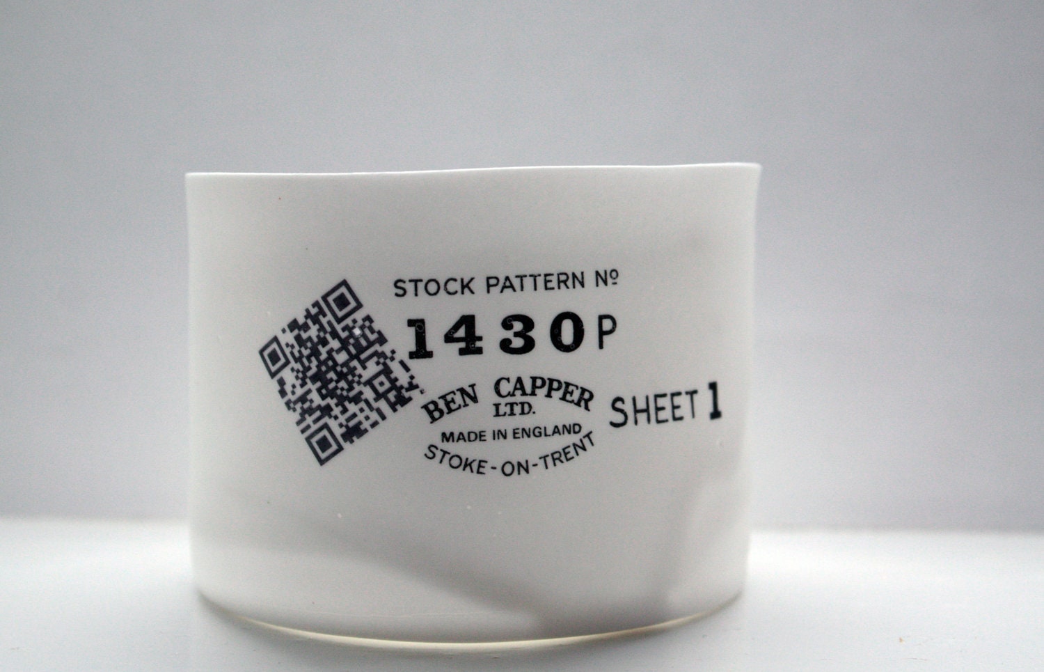 Stoneware container or tealight holder with English fine white bone china and a black vintage ceramic transfer