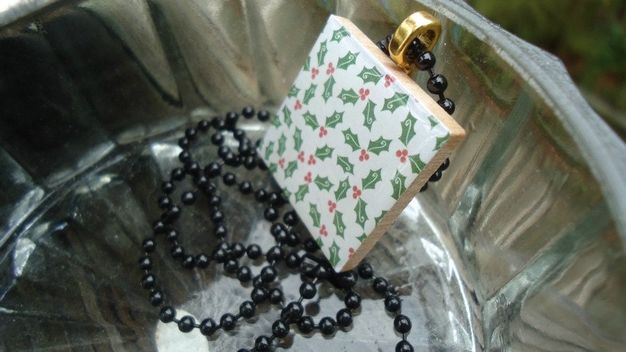 Festive Holly, Christmas, Holiday Wood Tile Necklace