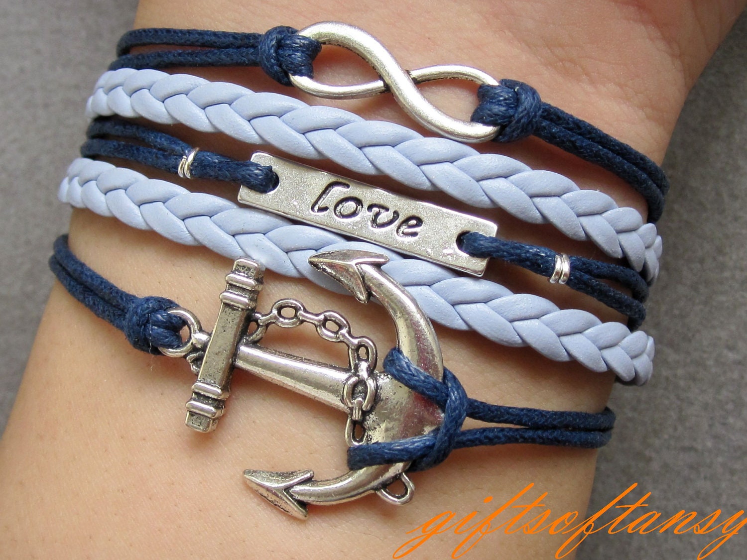Nautical Bracelet - Antique Silver infinity bracelet, love bracelet, anchor bracelet,  Navy Blue wax cord and Braid  bracelet  - C285