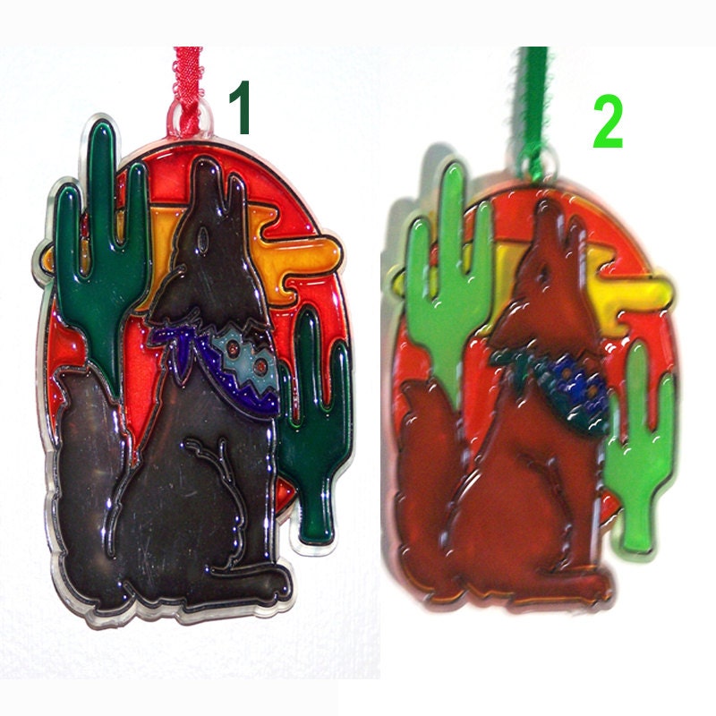 Ornament - Wolf - Southwest Pattern- Acrylic - Black - Brown - Green - Orange - Yellow - Home Decor
