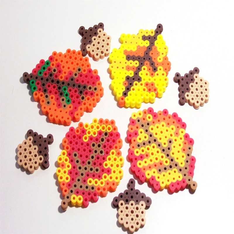 THANKSGIVING Decoration - Handmade Bead Leaves & Bead Acorns - Set Of 8 - Perler Beads - Orange - Gold- Brown - Tan - Red