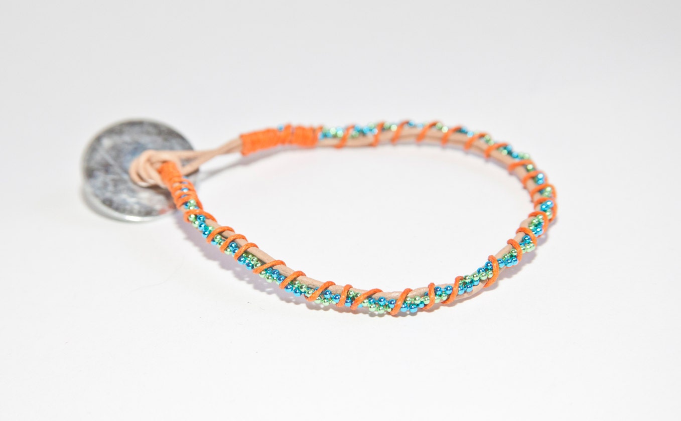 Blue/Green Twist with Orange Wrap Leather Bracelet