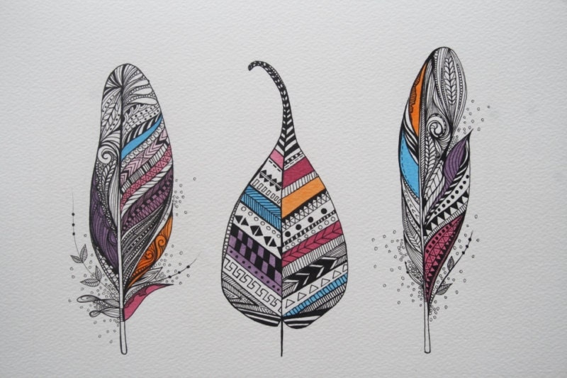Aztec Feathers and Leaf. Original Artwork. Ink and Water Colors