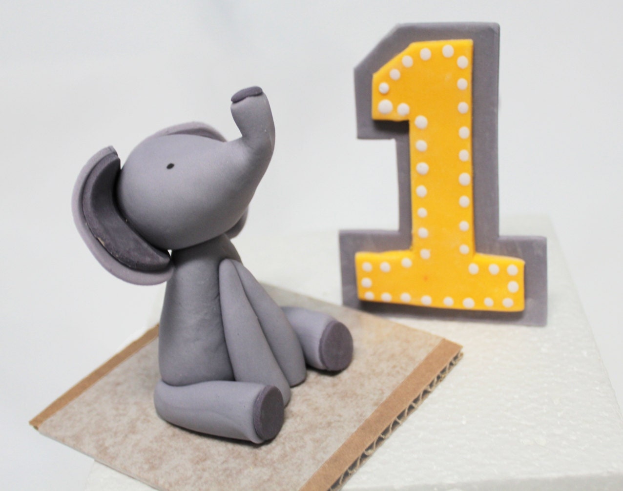 Fondant Cake Topper - 1 qty 3  inch  Baby Gray ELEPHANT and 1 qty dotted NUMBER cake toppers - choose colors -birthday party, baby shower