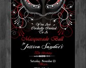 Masquerade Party Custom Designed Invitation - Black, Red and White - Mardi Gras- Masquerade or Mardi Gras Theme - Digital File