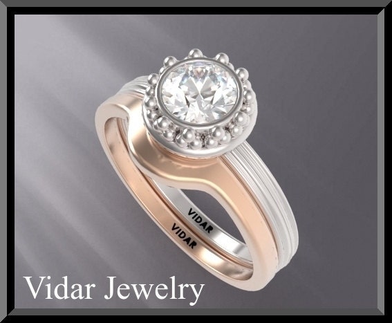 Round Diamond 14k White and Rose Gold Diamond Wedding Ring Set.Engagement Ring set.Bridal Wedding band.unique,luxury.