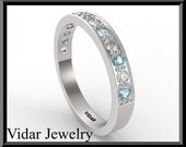 Wedding Band,Light Blue Aquamarine And Diamond Wedding band.half eternity band,14K gold,bridal,Pave,unique,Engagement.