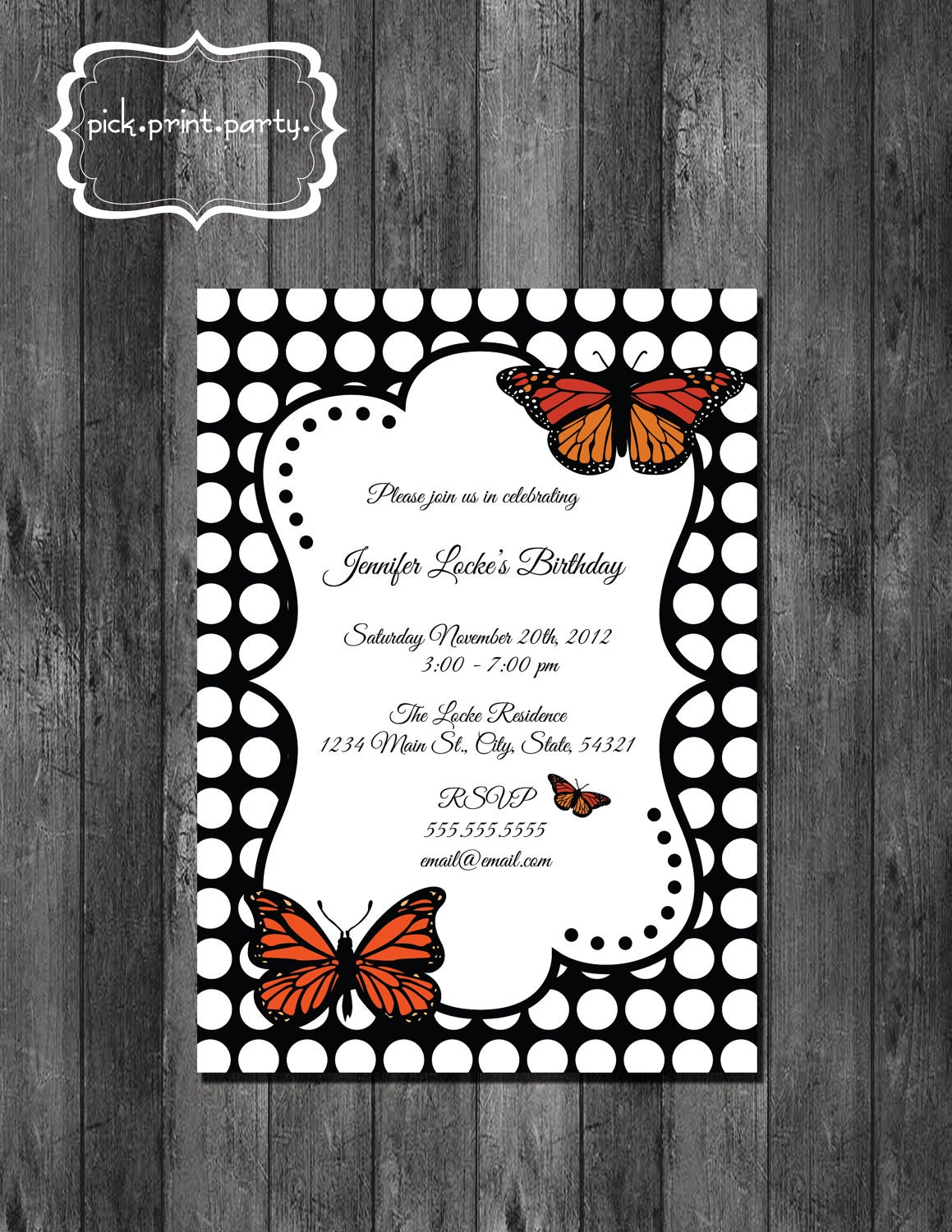 Birthday Party Invitation Butterfly - Polka Dot - DIY - Printable