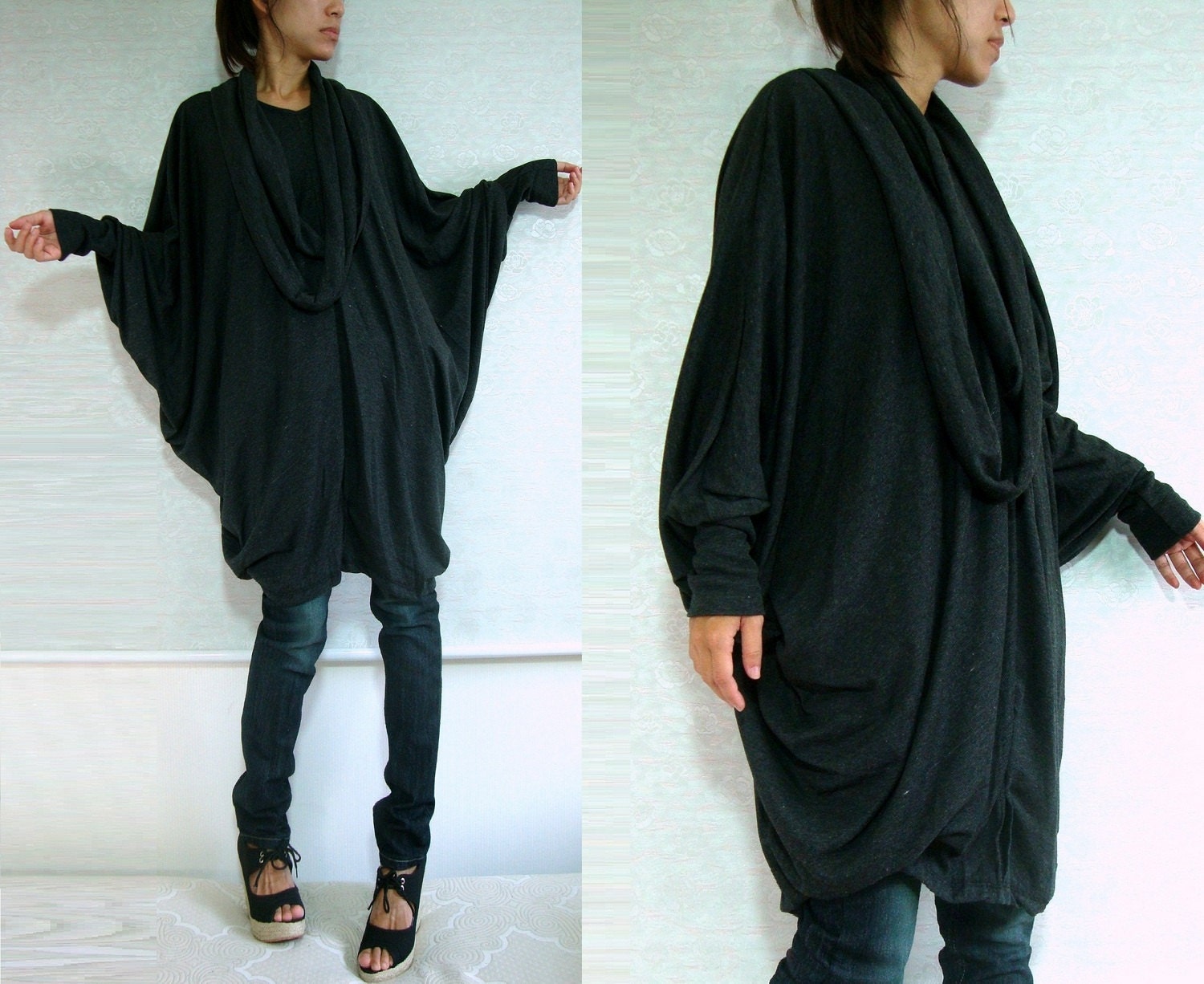 Women Black Cotton Boho Oversized T-Shirt Tunic Dress Top