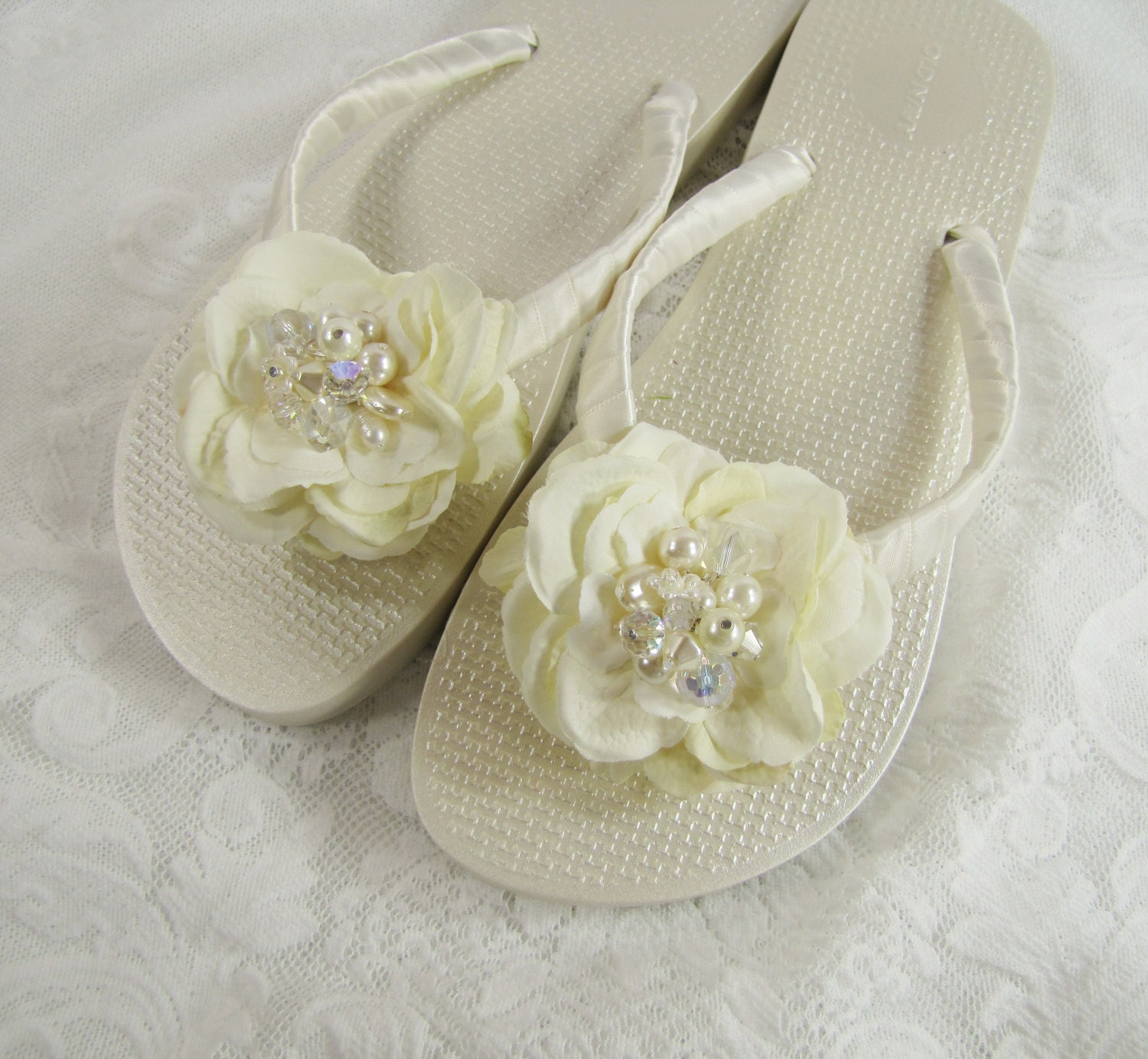 Ivory Bridal Flip Flops- Pearl metallic- Jewelry embellished with ...