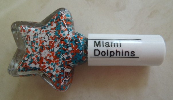 Custom Blended Nail Polish - "Miami Dolphins" NFL - Teal Orange White Bar Hexagon Glitter - Lacquer