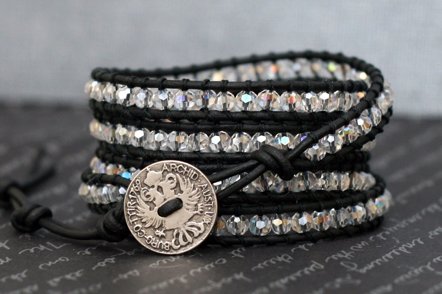 wrap bracelet- clear aurora borealis crystal on black leather- beaded leather 5 wrap bracelet - CorvusDesign