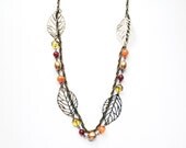 Layered Beaded Leaf Necklace on Bronze Chain