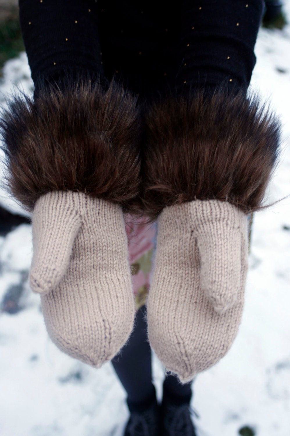 SALE - 40% OFF Unique handmade knitted wool mitt gloves ''fur fairy tale'' light brown with dark brown fur
