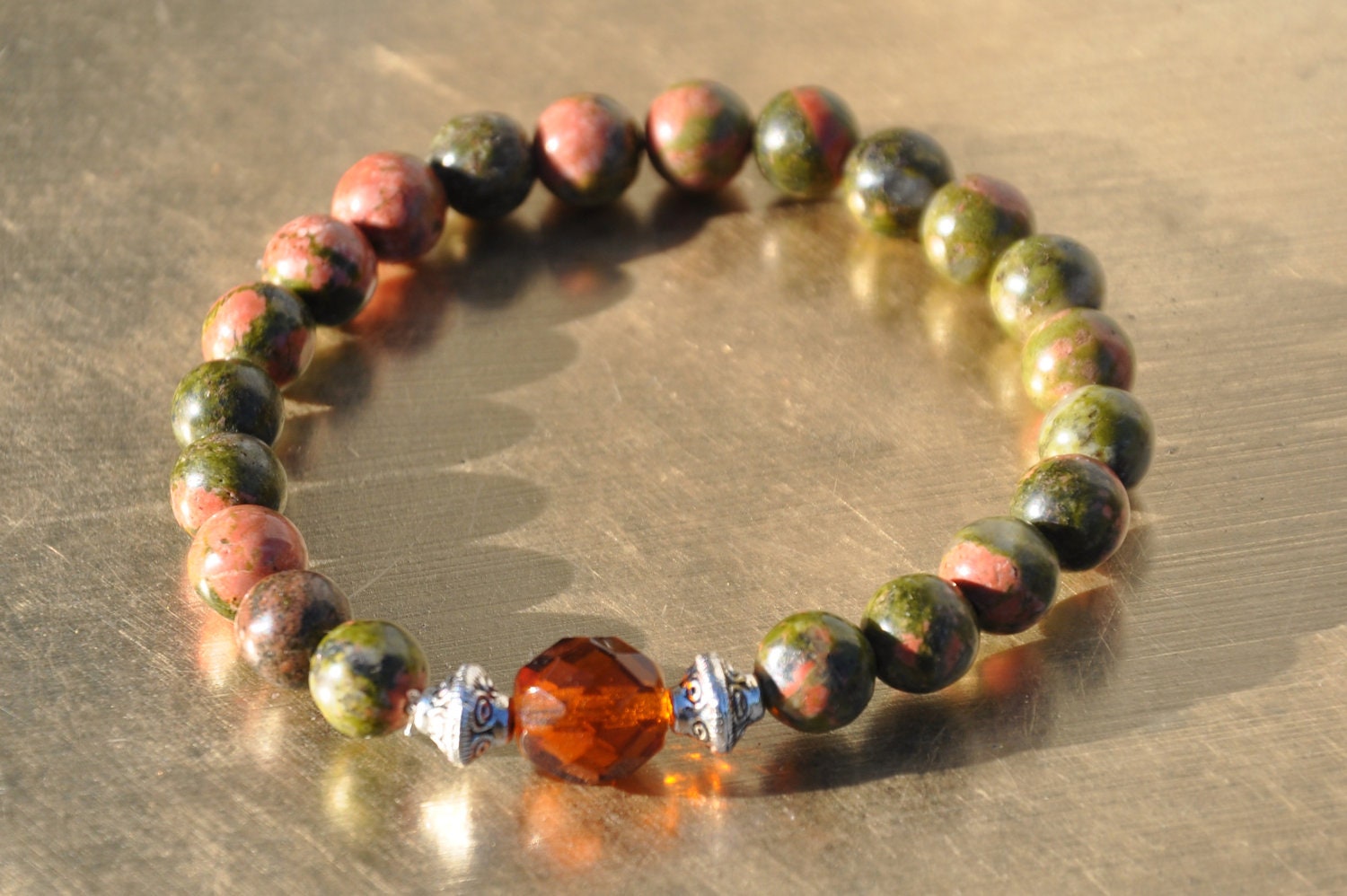 Unakite Protection Bracelet -,Yoga, Meditation, Mala Beaded Bracelet , Buddhist , Healing Gemstone