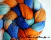 Wool Roving, Combed top, Hand Painted Roving for Spinning or Felting, Rambo, October Sky Blue and Orange Rambouillet Roving 4 oz