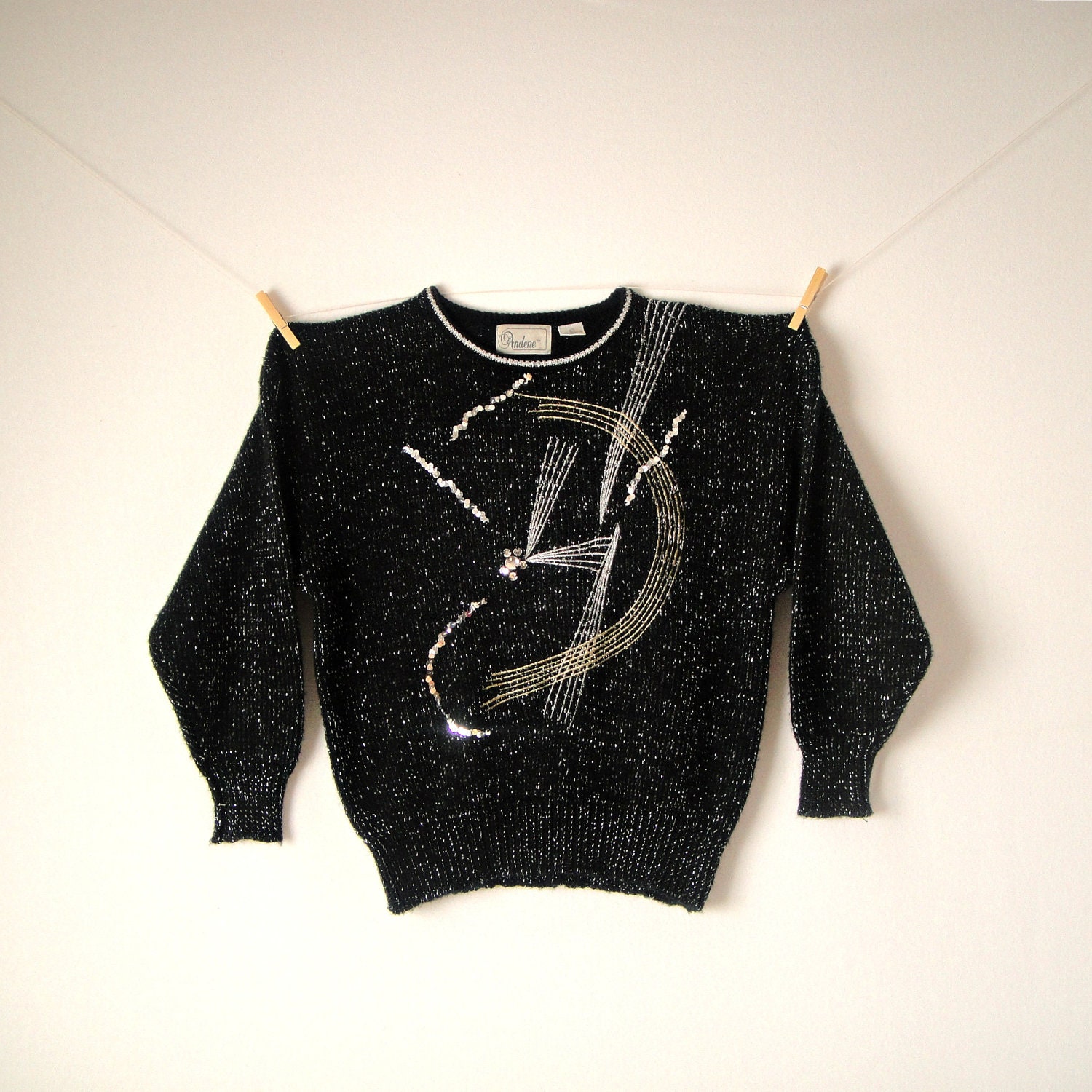 On Sale - Vintage. 80s Black Oversized Pullover Sweater. Metallic. Sequins. Abstract. Gold Silver. Novelty. Slouchy. Small Medium Large