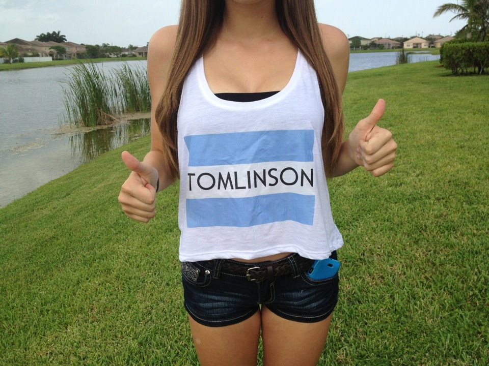 One Direction Shirt 1D White Crop Tank TOMS Flag-- Tomlinson