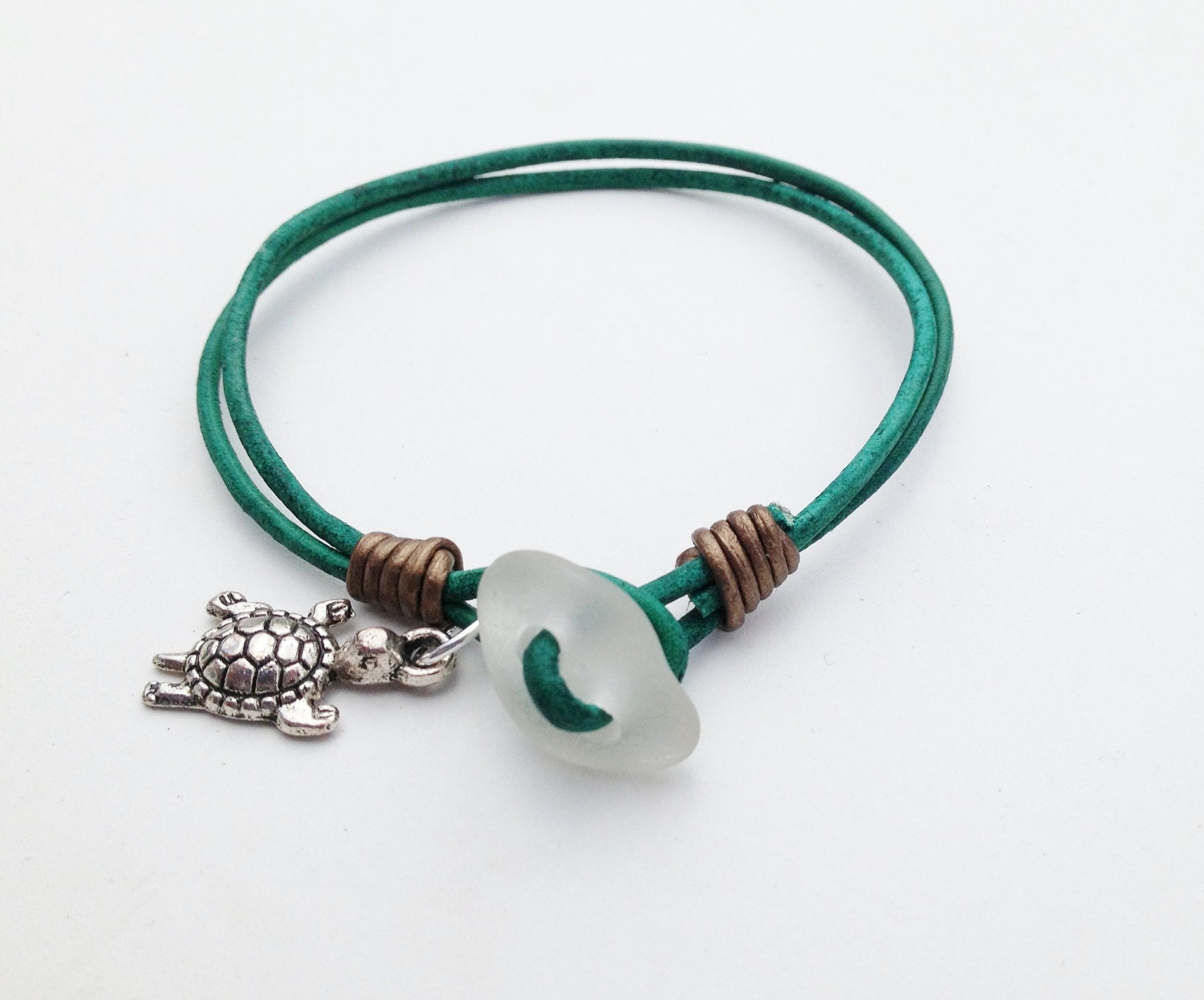 Genuine Sea Glass Leather Bracelet Turtle Charm Beach Glass Jewelry