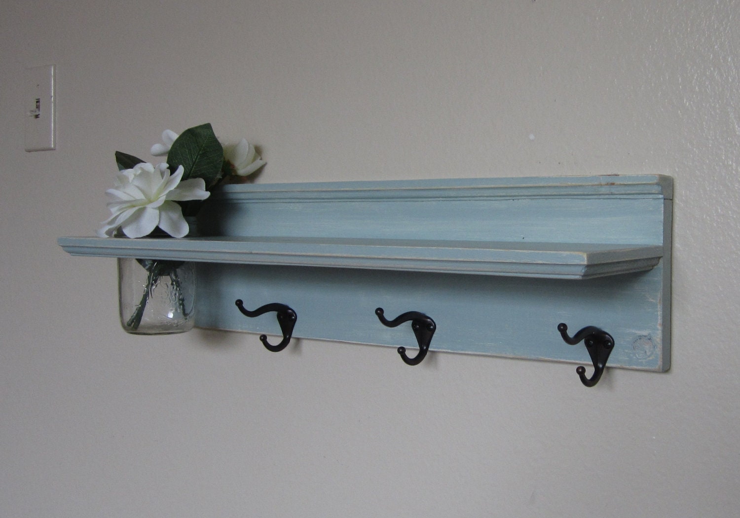 Shabby Chic Nautical Beach Cottage Entryway Flower Vase Shelf Key hook Coat Towel Hat Rack Hanger in Distressed Watery Blue