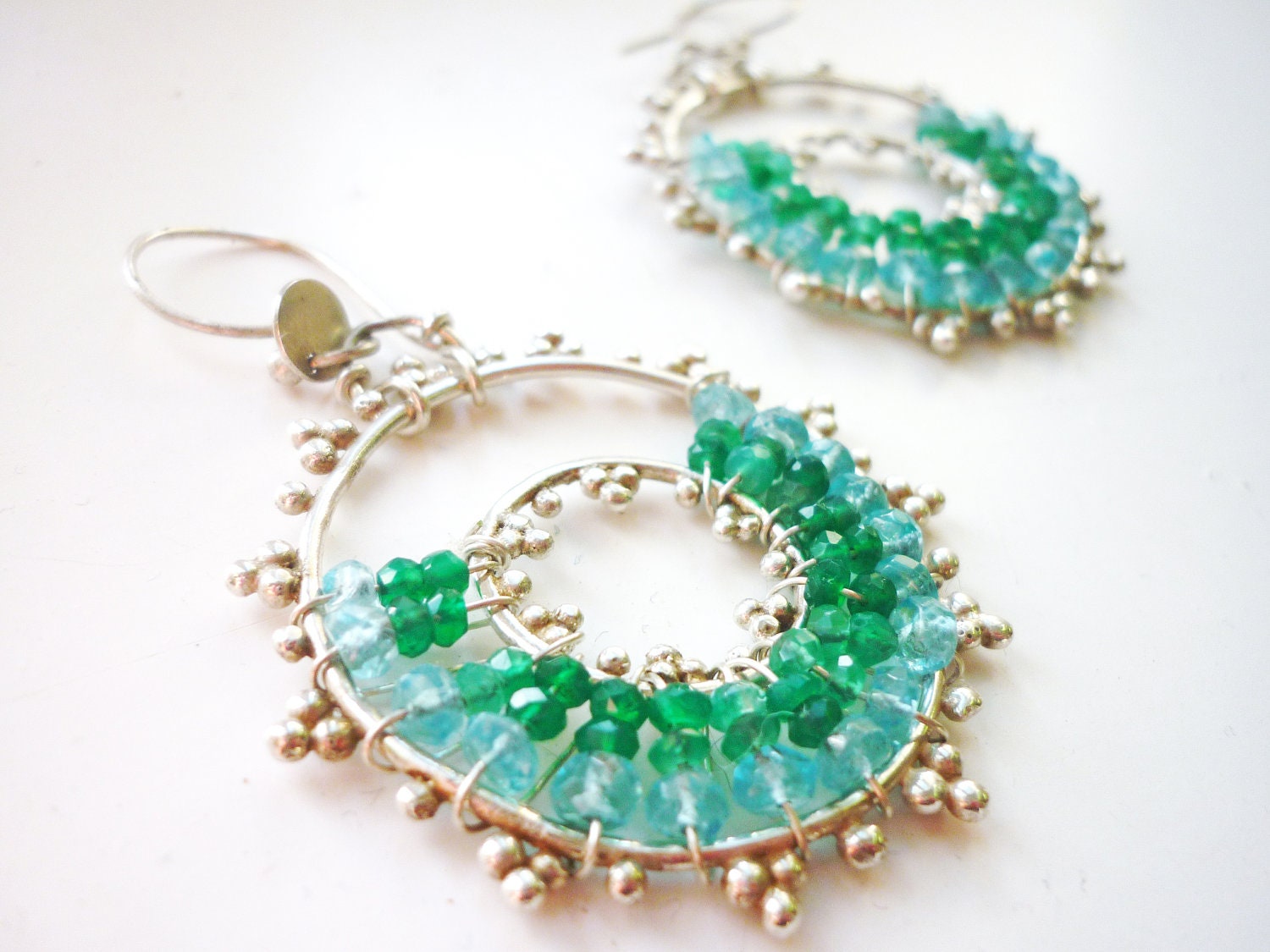 Azure Blue Green Onyx & Apatite Beads-Silver Hoop Earrings-Handmade Gemstone Jewellery