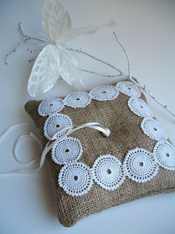 Ringbearer Pillow with Burlap and Handcrocheted Vintage Doily