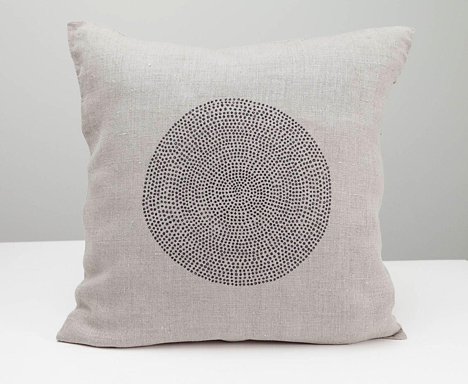 Hand  printed dots  on natural linen fabric  pillow with black points a bit glossy  - hand printed pillow cushion cover, home decor