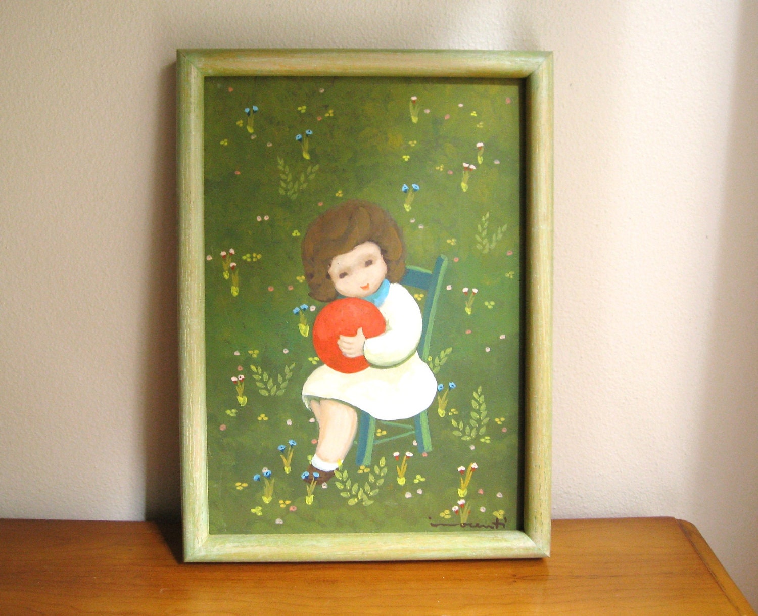 Vintage Little Girl with Red Ball Painting, Colorful Floral Girl Picture