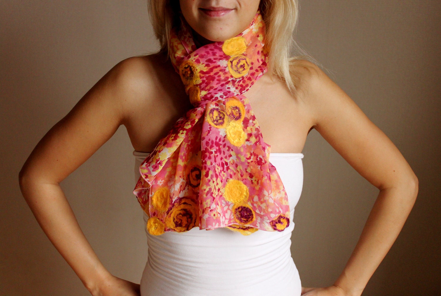 Summer silk scarf '' Run to the sun '' with felted wool flowers /hmet/eco friendly/rusteam/etsy lush
