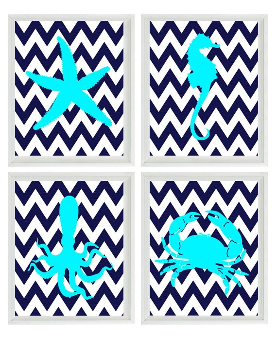 Nautical Nursery Chevron Sea Creature Art Print Set - Beach Crab Octopus Starfish Seahorse Aqua Navy Blue - Wall Art Home Decor Set 4 8x10