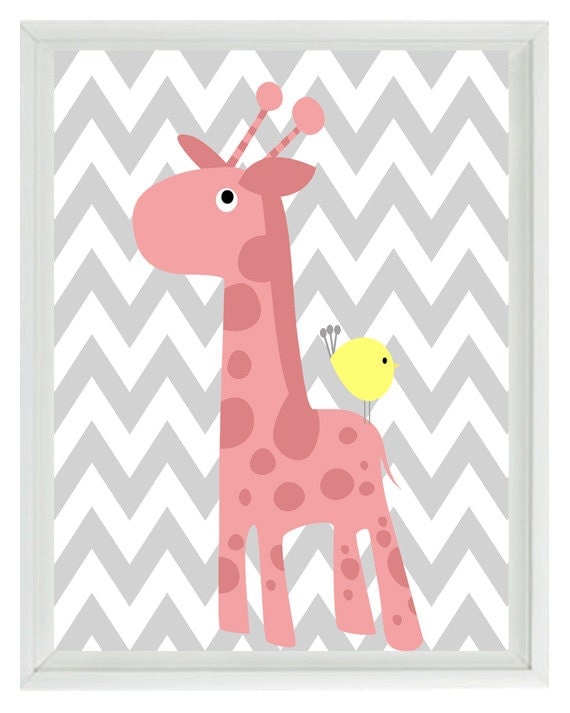 Giraffe Bird Chevron Nursery Wall Art Print by RizzleandRugee