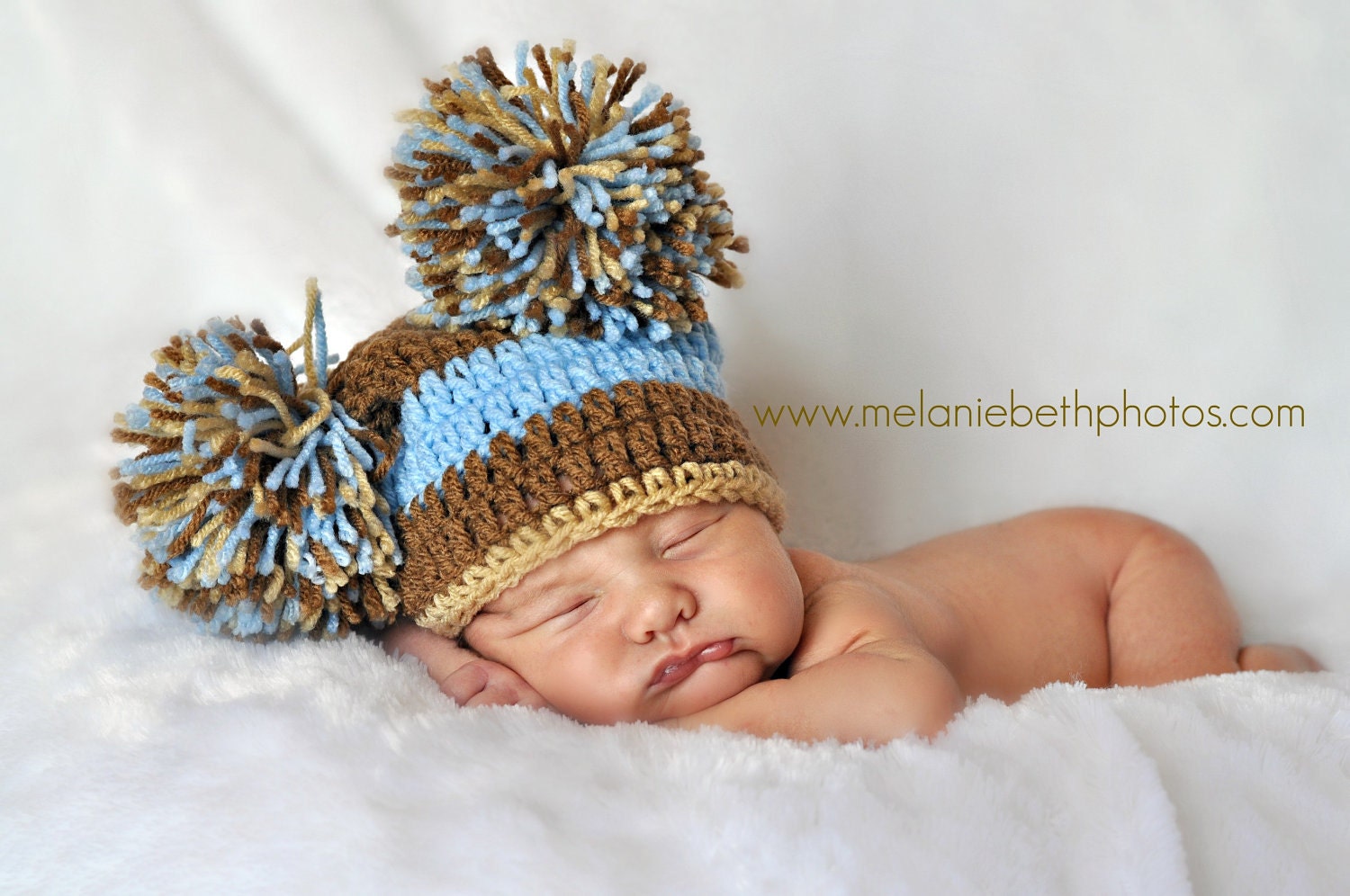 Baby Boy Hat  Newborn Baby Boy Crochet Sack  Hat With Big Pom poms  0 3 6 months