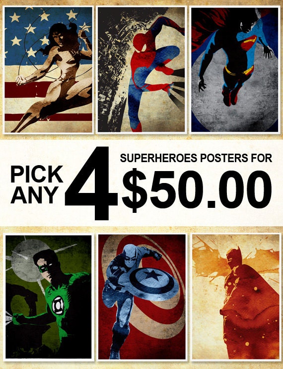 4 Superheroes Posters for 50 Dollars - A3 Size Posters