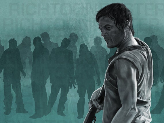 Unframed Poster The Walking Dead Darryl Dixon Shooting at Zombies Horror Digital Painting 8.5 x 5.5 inch Print