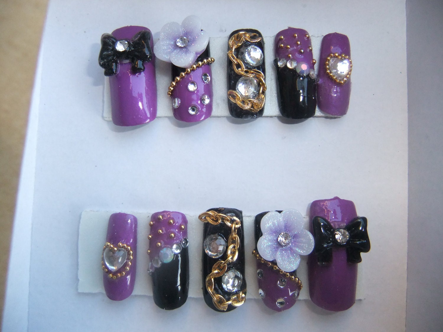 Japanese style Gold Purple & Black chains studded kawaii - sweet gothic lolita full false fake 3D nails