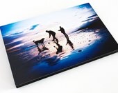 Silhouetted people and dog on Brighton Beach.  9" by 6" Wooden block mounted Lomo Photograph. Shot on Film.