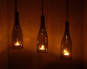 Set of 3 Wine Bottle Hanging Candles Olive  Hurricane Re Purposed Bottle Tea Light FREE SHIPPING