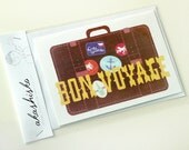 greeting card A6 (5.8 x 4.1) perfect to wish a pleasant journey, bon voyage, retro style illustration of a suitcase with stamps