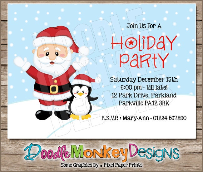 Santas Penguin Party Invitation -  DIY PRINTABLE Digital Invitation