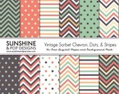 INSTANT DOWNLOAD - 12 Digital Paper Pack Chevron Stipes Polka Dot Teal Coral for scrapbooking, invitations, backgrounds Il_170x135