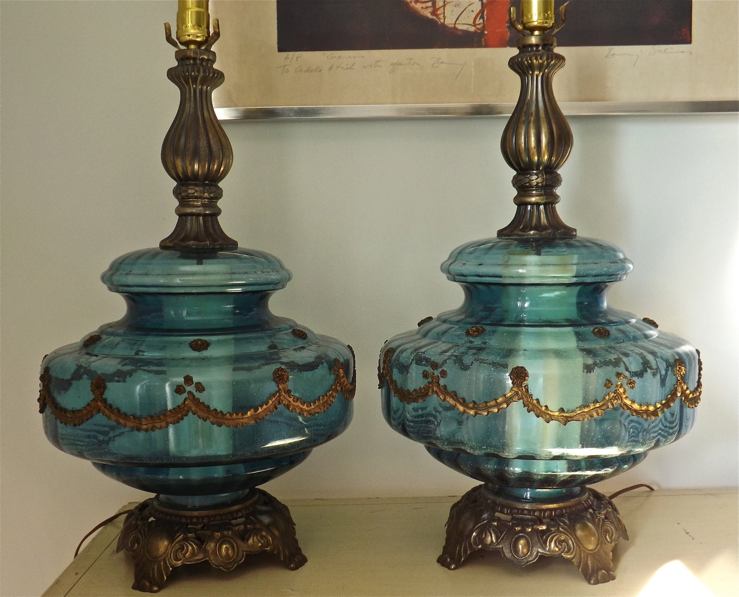 A Pair of Blue Glass Ornate Lamps by LuxeLuminosity on Etsy